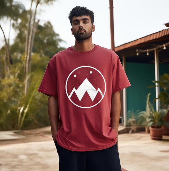 Geometric mountains Red oversize half sleeve t-shirt