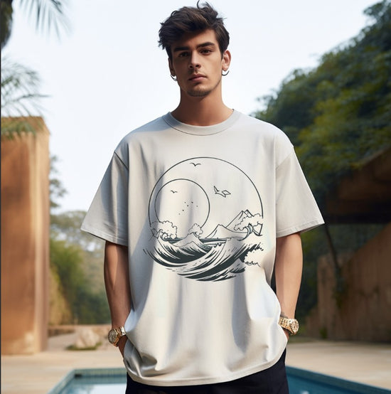 Tidal waves Sketch white oversize half sleeve t-shirt