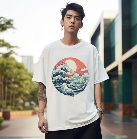 Tidal waves white oversize half sleeve t-shirt