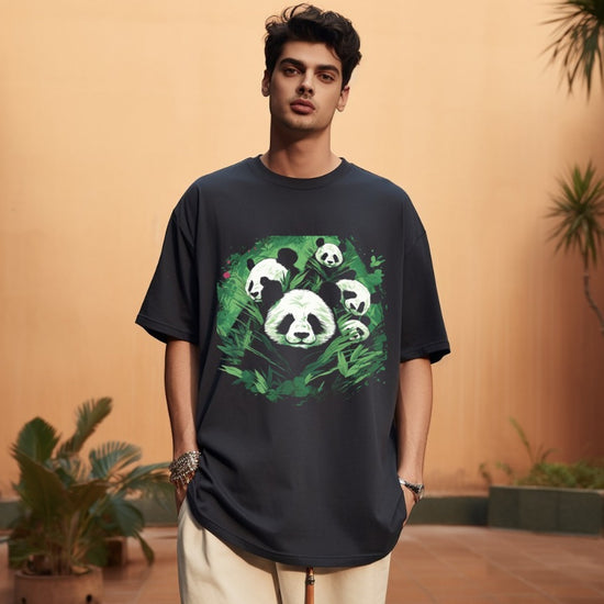Panda Family Black oversize half sleeve t-shirt